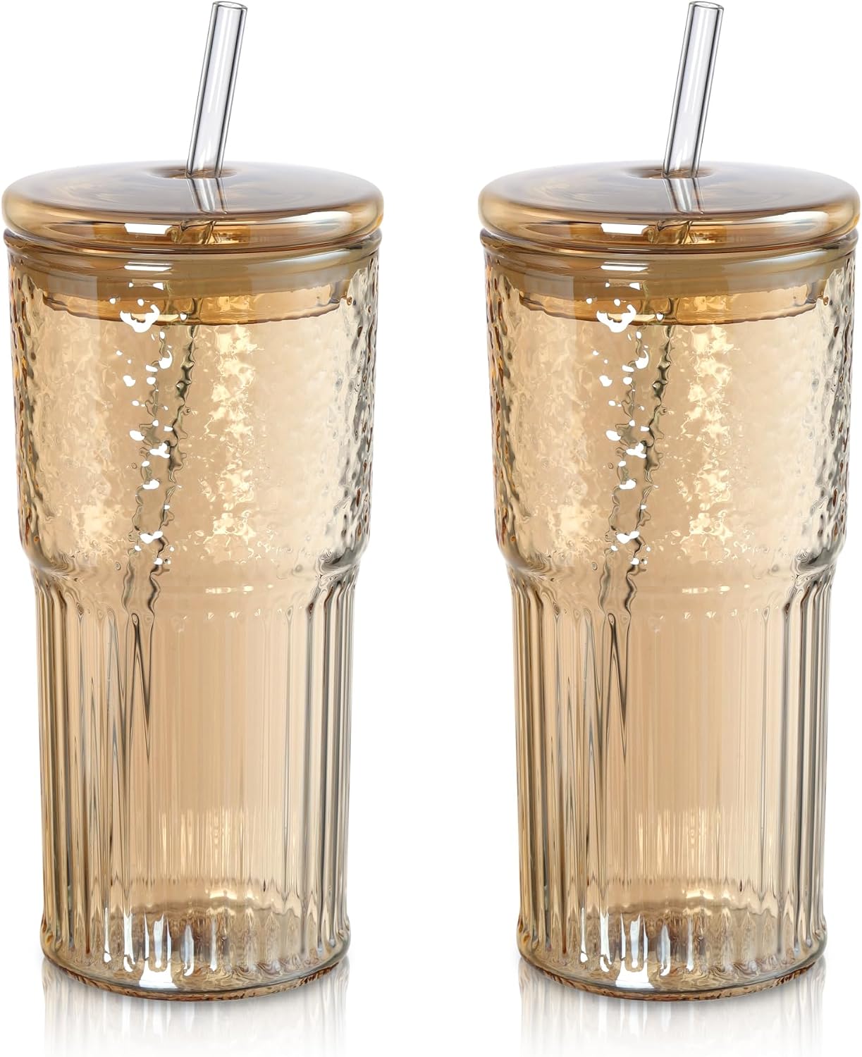 Ashenby 22 oz Amber Glass Tumbler with Straw and Lid, Ribbed Glasses Cups, Medium, Amber colored glass tumbler
