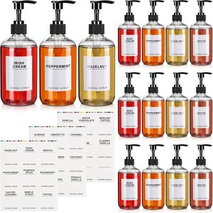 Ashenby 12 Pack Coffee Syrup Pump Bottles with 27 Labels, 11.8 oz, Black