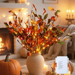 Ashenby 3PCS Fall Decor LED Lighted Branches Lights with Timer with Artificial Fall Stems Pumpkins, Battery Operated