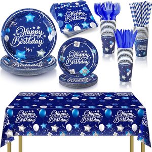 Aldernest 176 Pcs Navy Blue and Silver Birthday Tableware Set for 25 Guests, 2.2 pounds, as picture shown