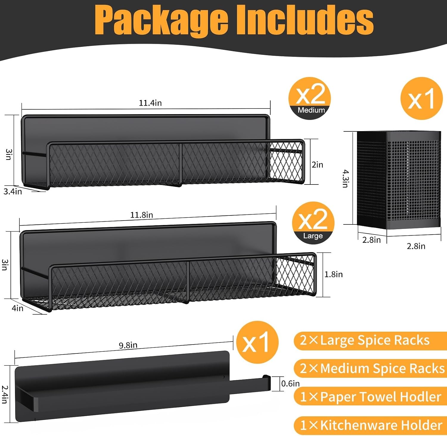 Aldernest Magnetic Spice Rack for Refrigerator, Black, 6 Count
