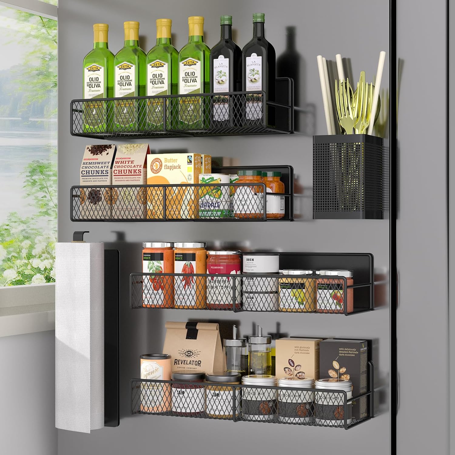 Aldernest Magnetic Spice Rack for Refrigerator, Black, 6 Count