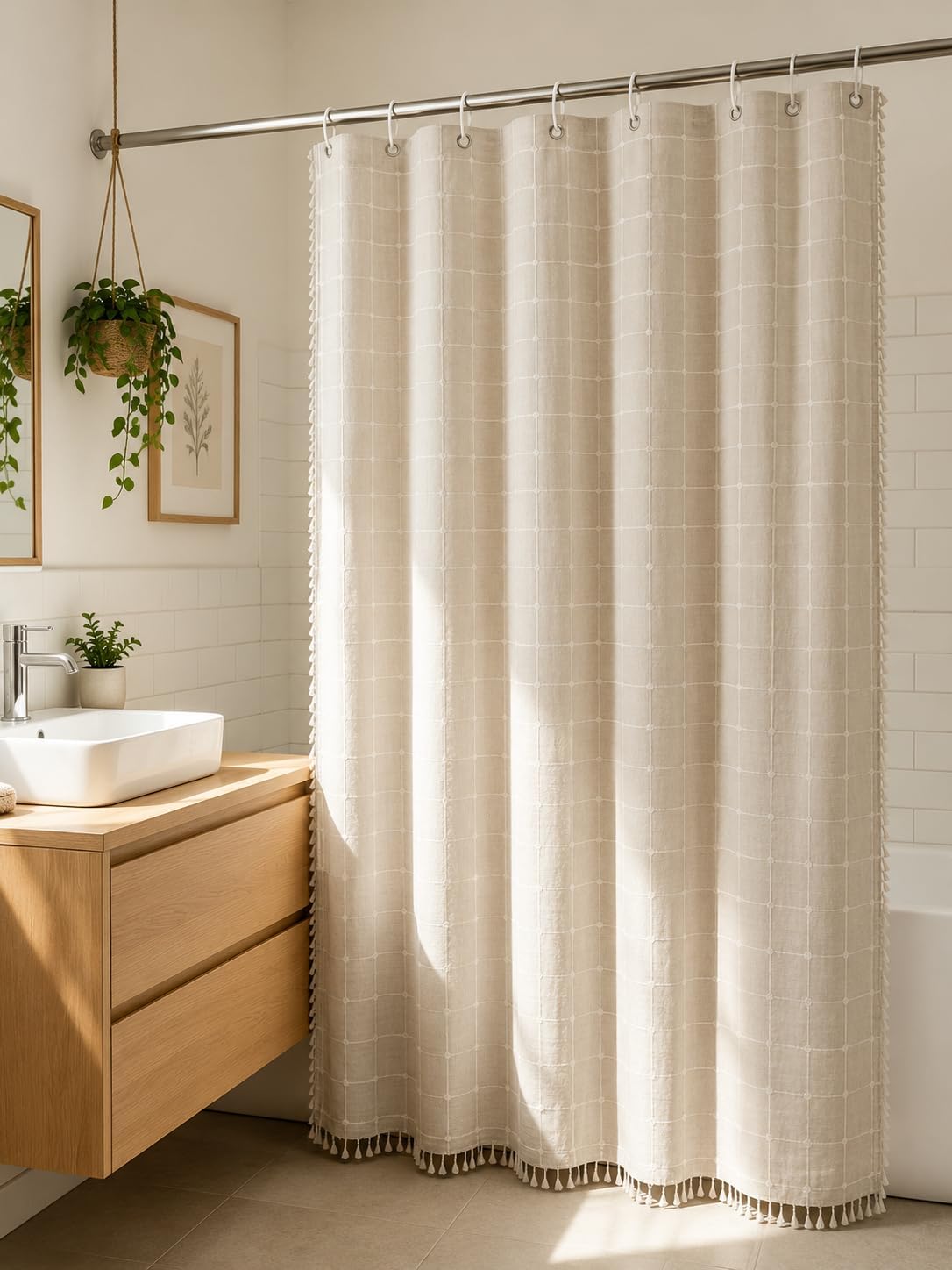 Aldernest 48 in Beige Farmhouse Boho Style Tassel Shower Curtain for Bathroom, 47"W x 71"L (Pack of 1), Cream