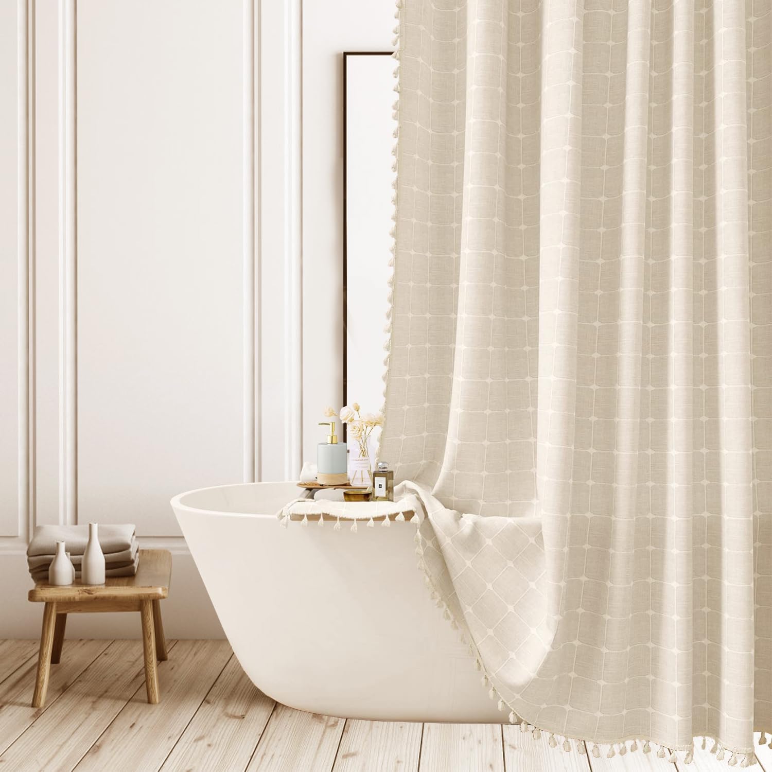 Aldernest 48 in Beige Farmhouse Boho Style Tassel Shower Curtain for Bathroom, 47"W x 71"L (Pack of 1), Cream