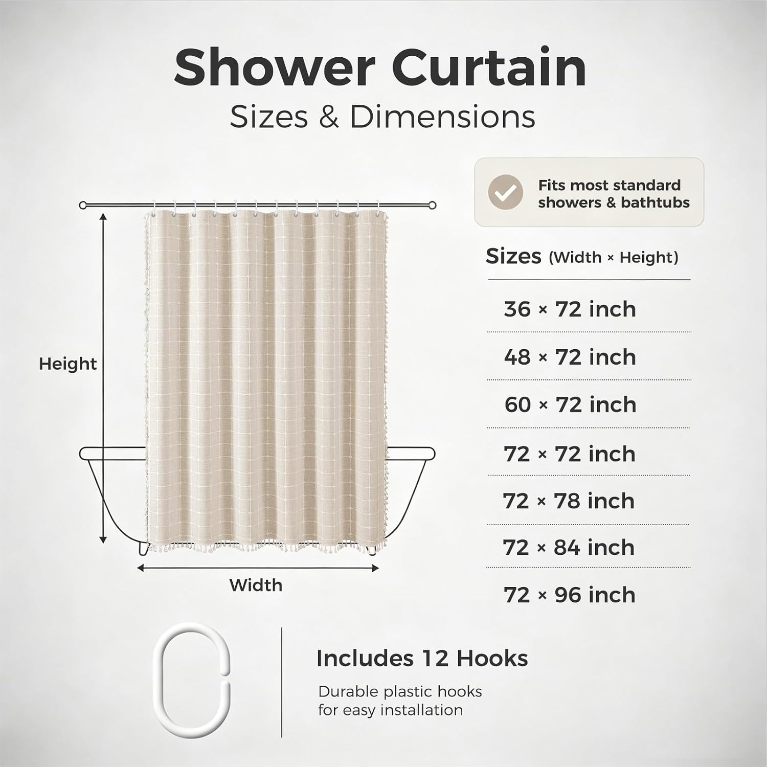 Aldernest 48 in Beige Farmhouse Boho Style Tassel Shower Curtain for Bathroom, 47"W x 71"L (Pack of 1), Cream