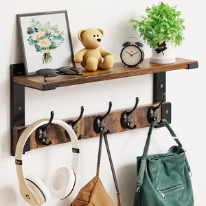 CozyWick Wall Hooks with Shelf, Coat Rack Wall Mount for Coat Backpack Key Clothes Hanger, Brown