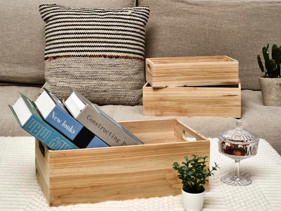 Aldernest Set of 3 Wooden Boxes for Storage Small Crates for Display and Organizing, Natural Wood