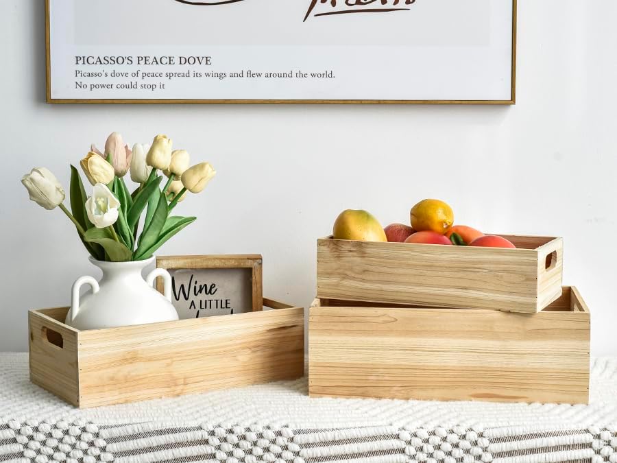 Aldernest Set of 3 Wooden Boxes for Storage Small Crates for Display and Organizing, Natural Wood