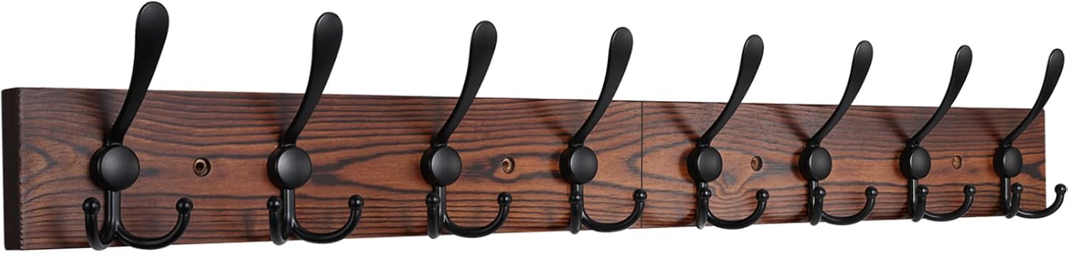 Copperlyn Wall Mounted Coat Rack, 31.4" Long with 8 Black Rustic Tri-Hooks, 1.8 pounds, Brown