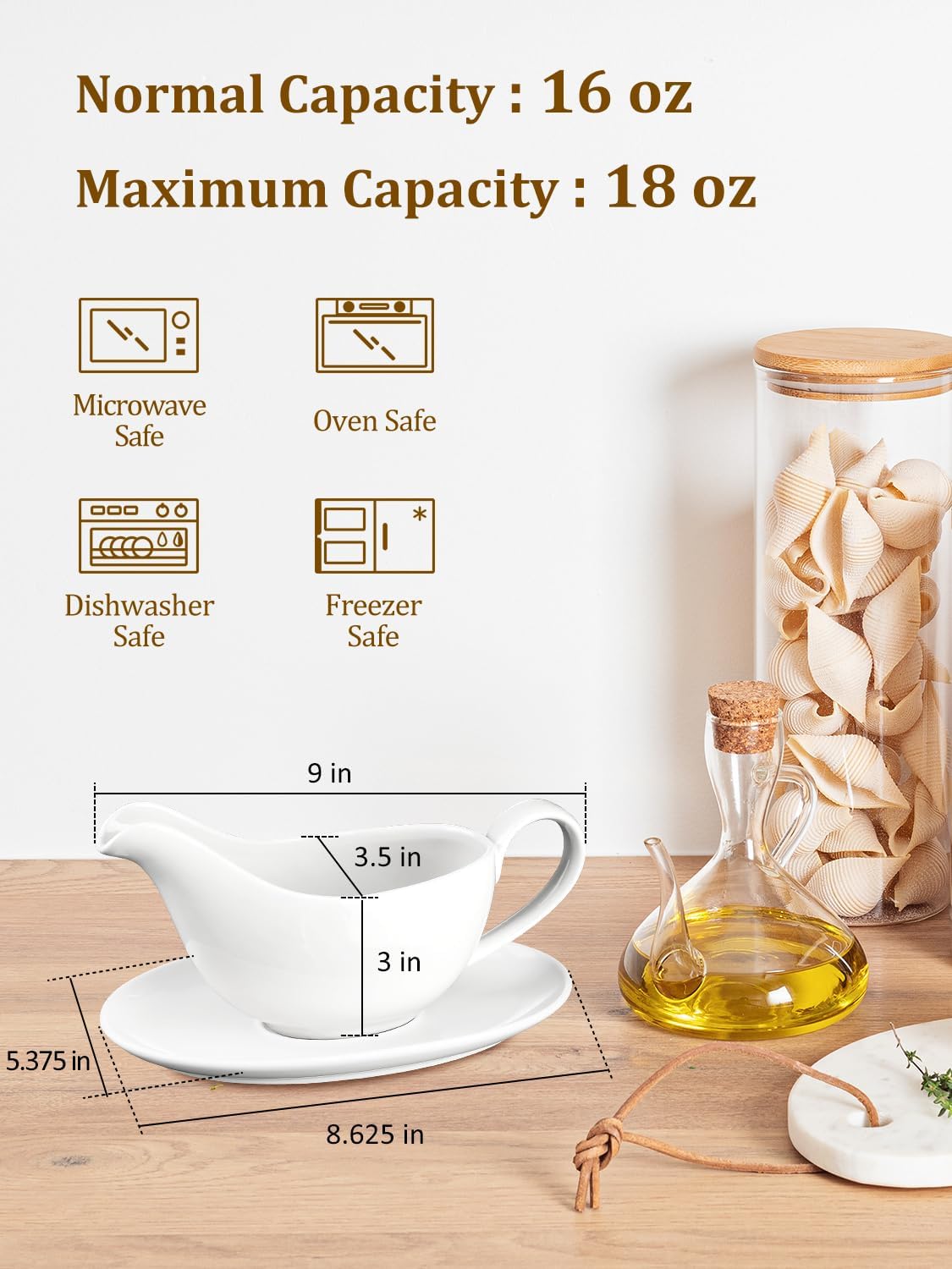 Ashenby 18 oz Ceramic Gravy Boat with Saucer, White Sauce Boat, 1.1 pounds