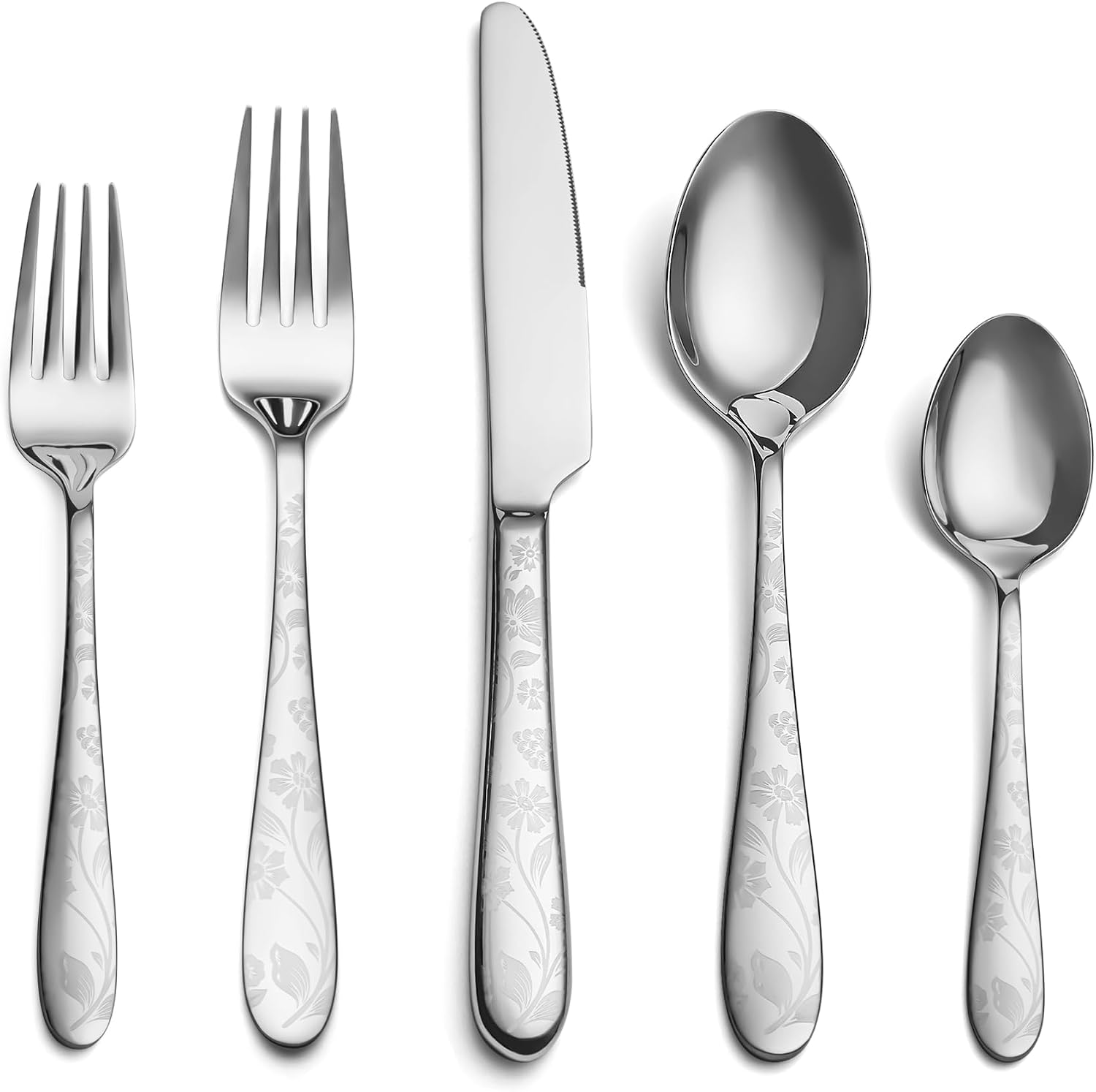 Aldernest 40 Piece Silverware Set Service for 8, Premium Stainless Steel Cutlery Set, 4.3 pounds, Silver Daisy