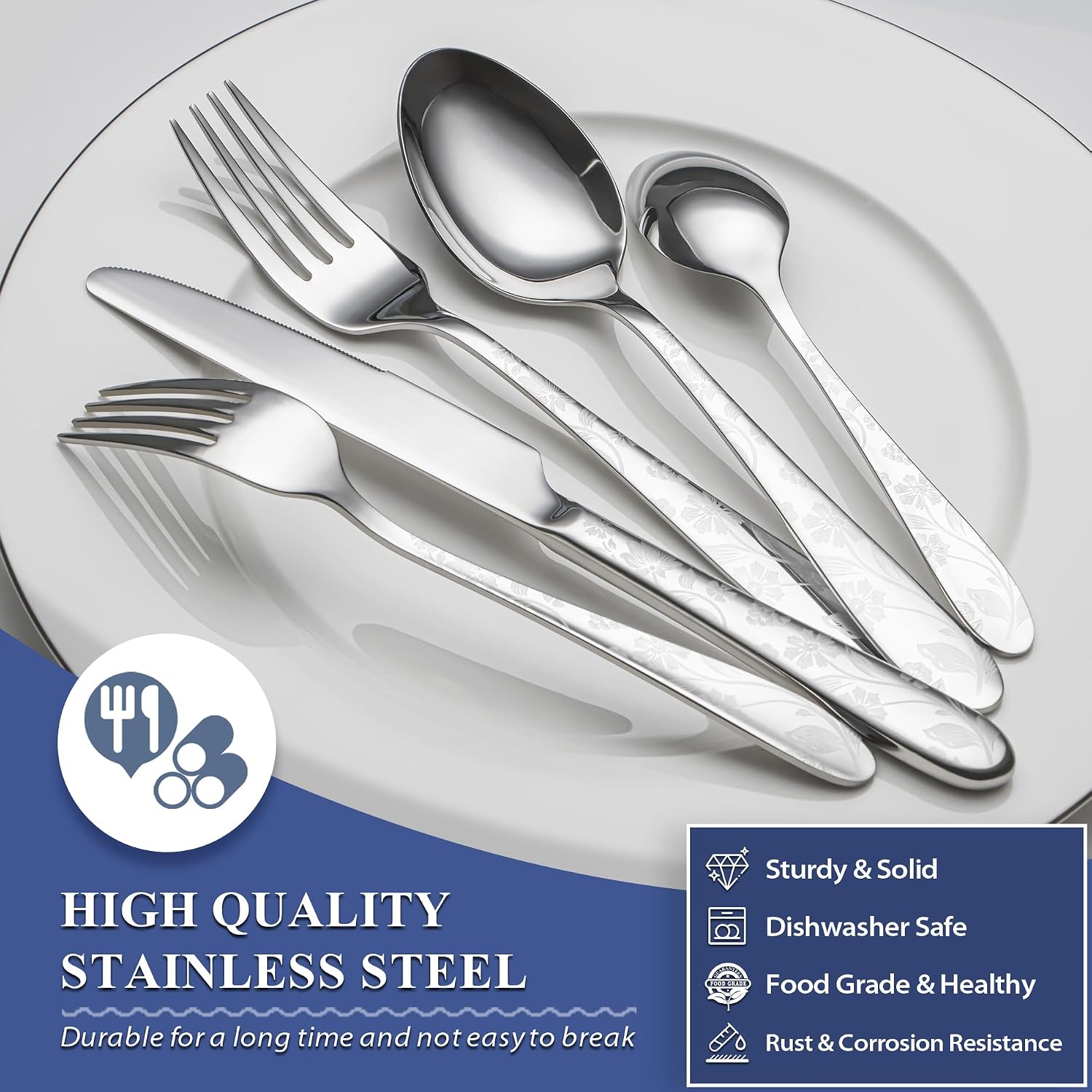 Aldernest 40 Piece Silverware Set Service for 8, Premium Stainless Steel Cutlery Set, 4.3 pounds, Silver Daisy