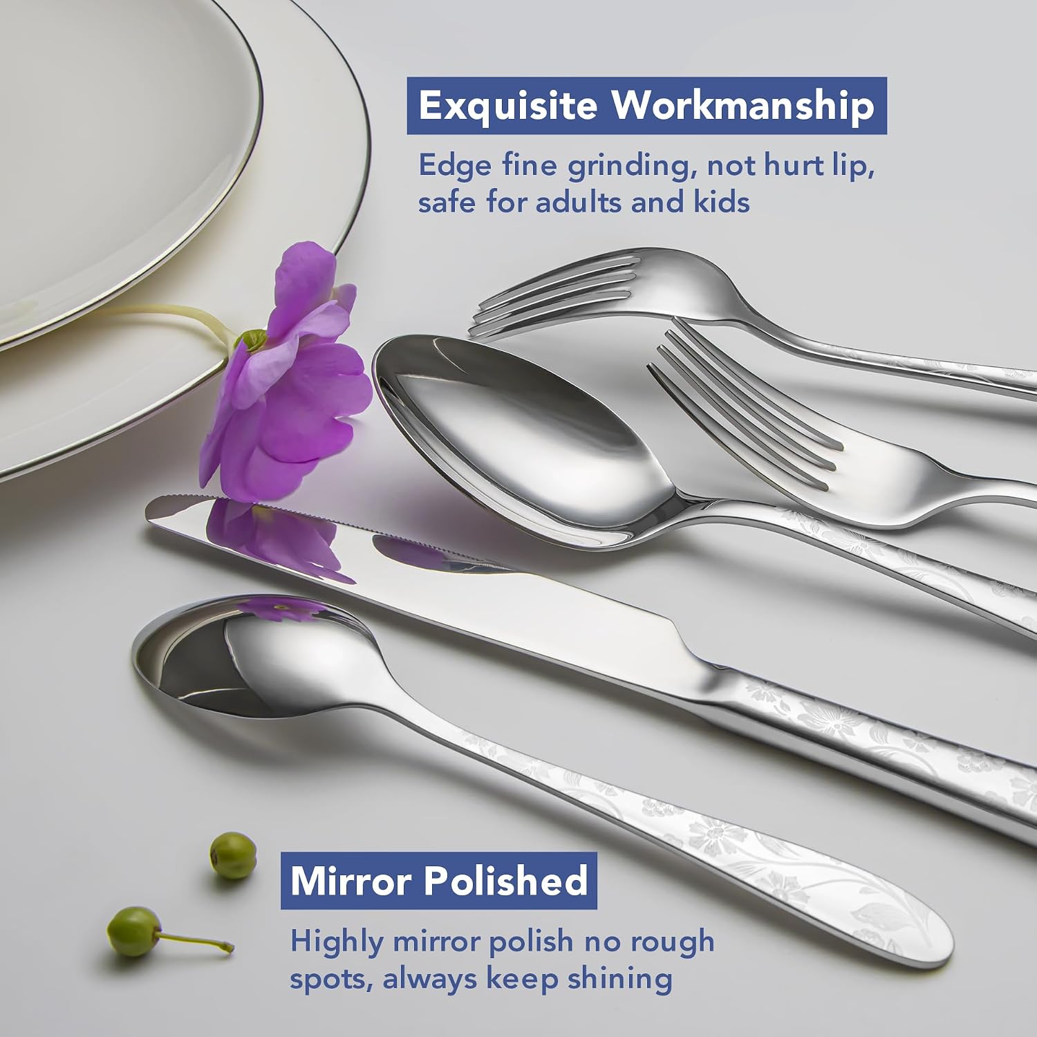 Aldernest 40 Piece Silverware Set Service for 8, Premium Stainless Steel Cutlery Set, 4.3 pounds, Silver Daisy