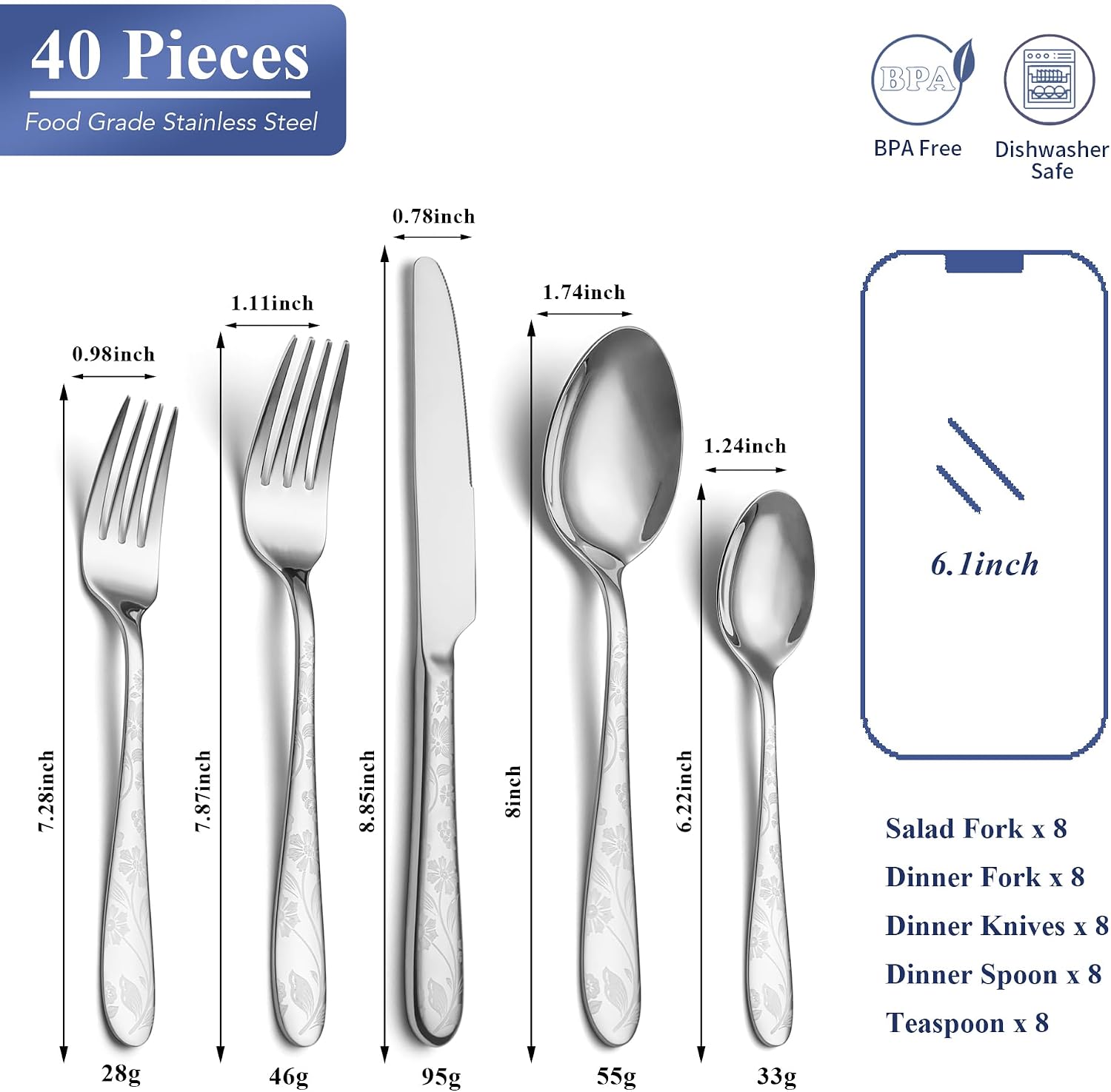 Aldernest 40 Piece Silverware Set Service for 8, Premium Stainless Steel Cutlery Set, 4.3 pounds, Silver Daisy