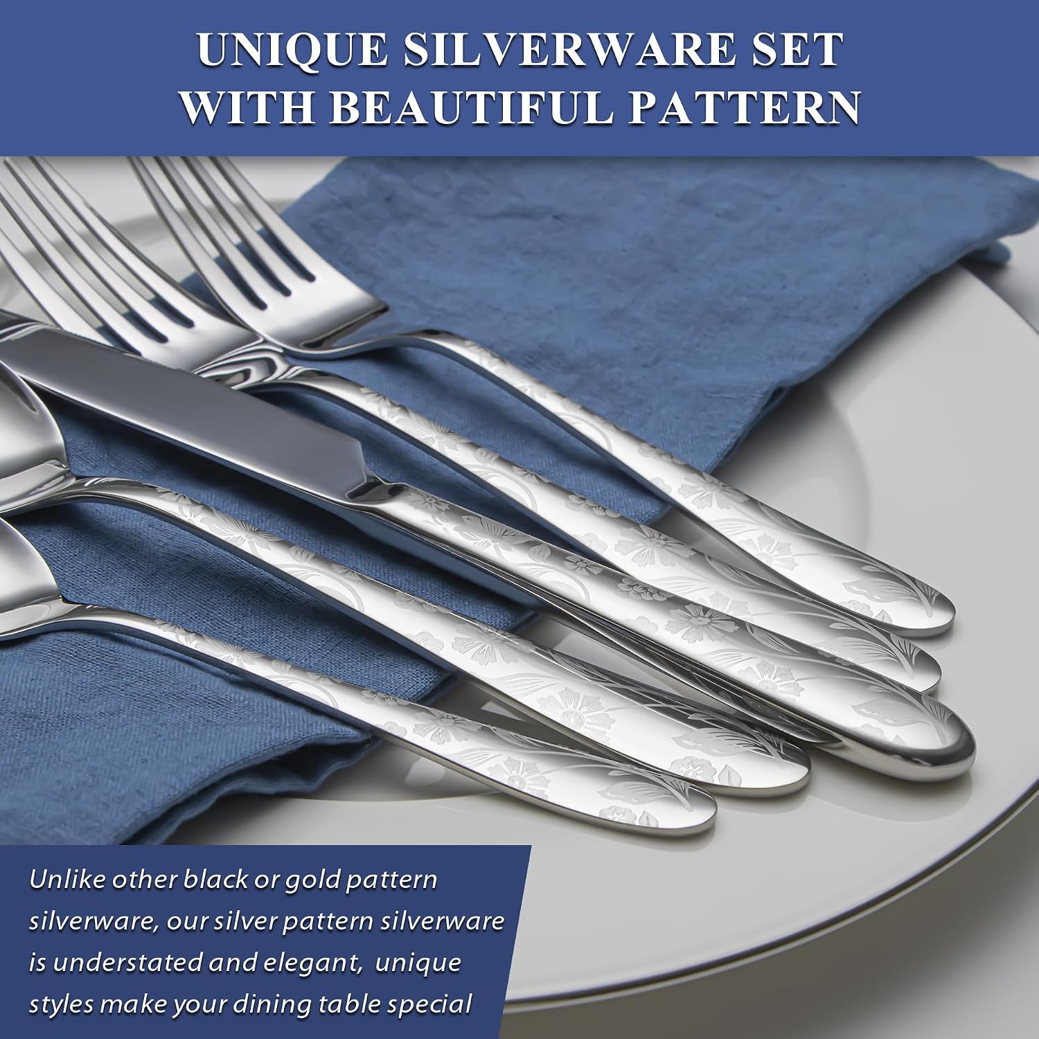 Aldernest 40 Piece Silverware Set Service for 8, Premium Stainless Steel Cutlery Set, 4.3 pounds, Silver Daisy