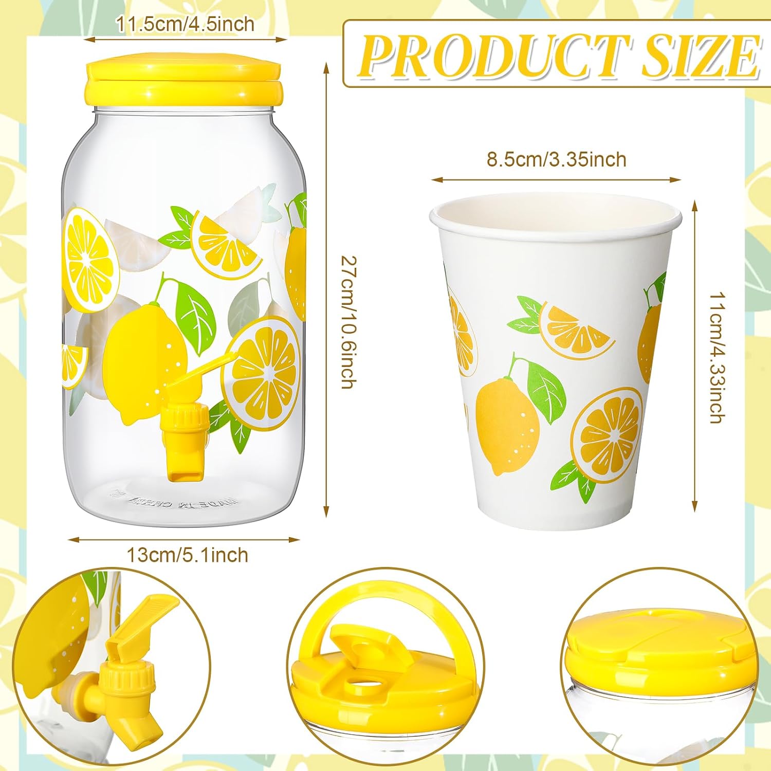 Aldernest 1 Gallon Lemon Plastic Drink Dispenser with 20 Pcs 12 oz Lemon Paper Party Cups 1 Gallon Kitchen Fridge Beverage Dispenser Plastic Water