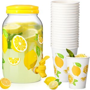 Aldernest 1 Gallon Lemon Plastic Drink Dispenser with 20 Pcs 12 oz Lemon Paper Party Cups 1 Gallon Kitchen Fridge Beverage Dispenser Plastic Water