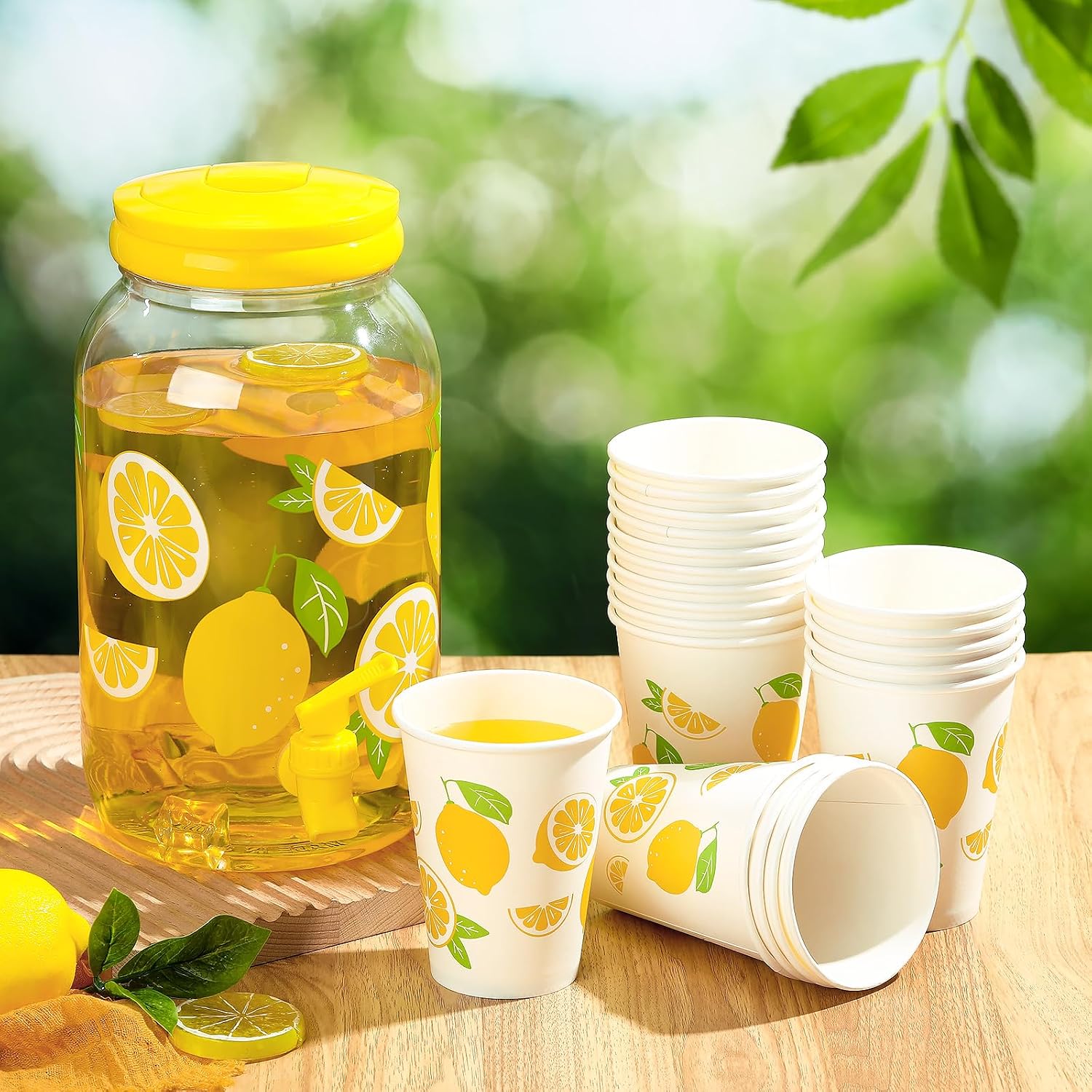 Aldernest 1 Gallon Lemon Plastic Drink Dispenser with 20 Pcs 12 oz Lemon Paper Party Cups 1 Gallon Kitchen Fridge Beverage Dispenser Plastic Water