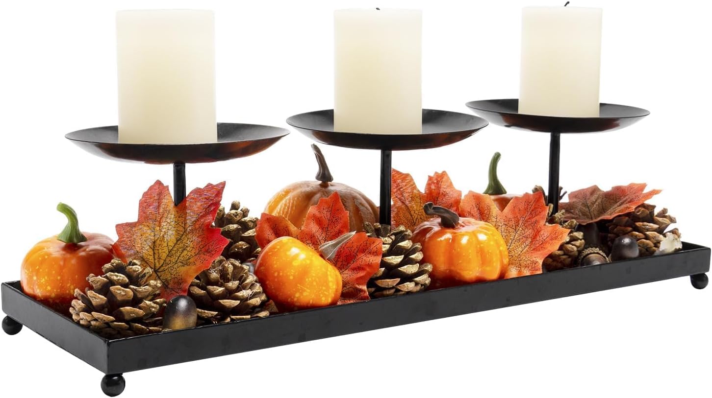 Aldernest 3 Pillar Candle Holders Centerpiece, Fall Dining Room Table Decor, 1.8 pounds, Black