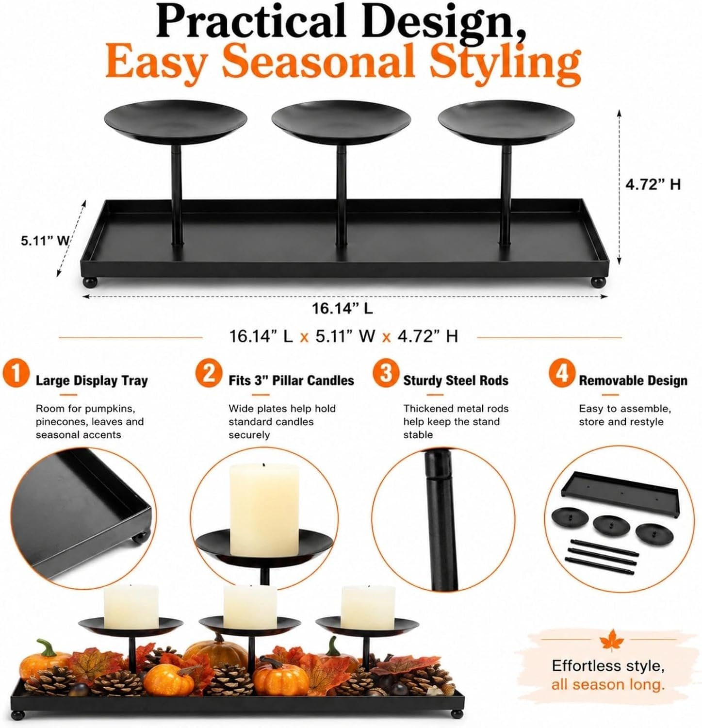 Aldernest 3 Pillar Candle Holders Centerpiece, Fall Dining Room Table Decor, 1.8 pounds, Black
