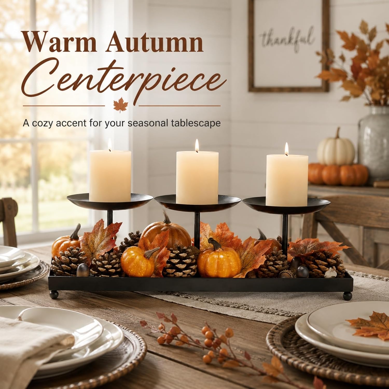 Aldernest 3 Pillar Candle Holders Centerpiece, Fall Dining Room Table Decor, 1.8 pounds, Black