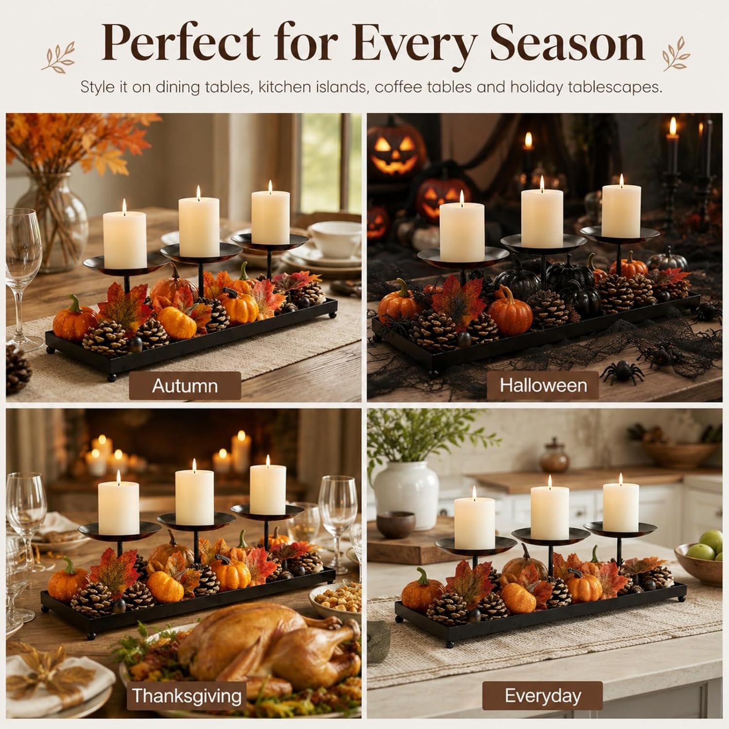 Aldernest 3 Pillar Candle Holders Centerpiece, Fall Dining Room Table Decor, 1.8 pounds, Black