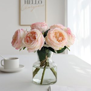 VelloHome Fake Peonies with Vase, Pink Real Touch Peony Floral Arrangement, 0.78 kg, Pink Austin Rose Artificial Flowers With Vase, 6 Count