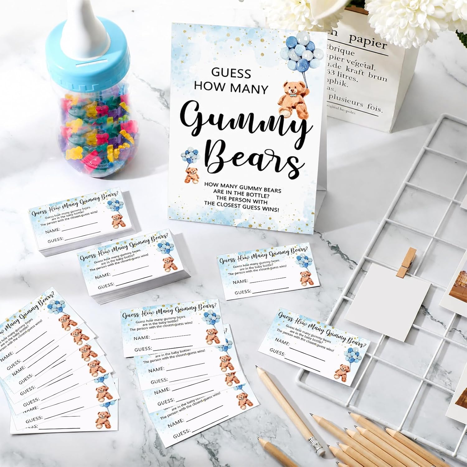 Brackenly 122 Pcs Baby Shower Games Guess How Many Bears, Blue