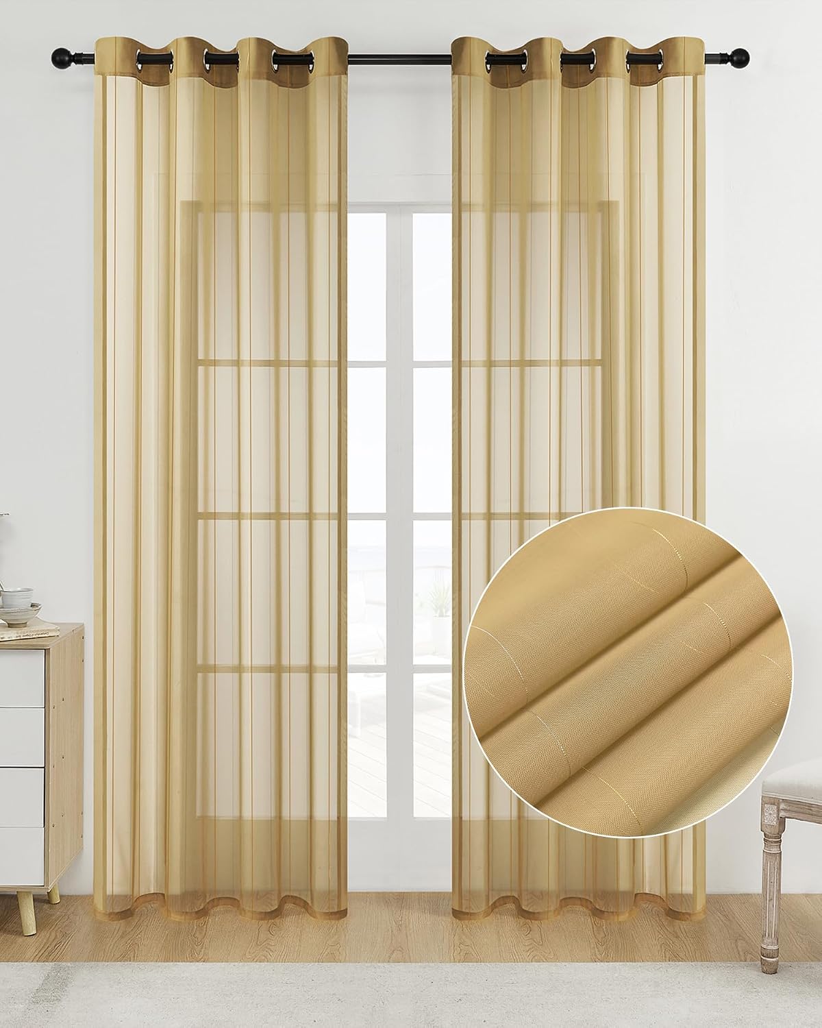 VelloHome Foil Stripe Gold Sheer Curtains 84 inches Length 2 Panels with Grommets 52 inches Widith