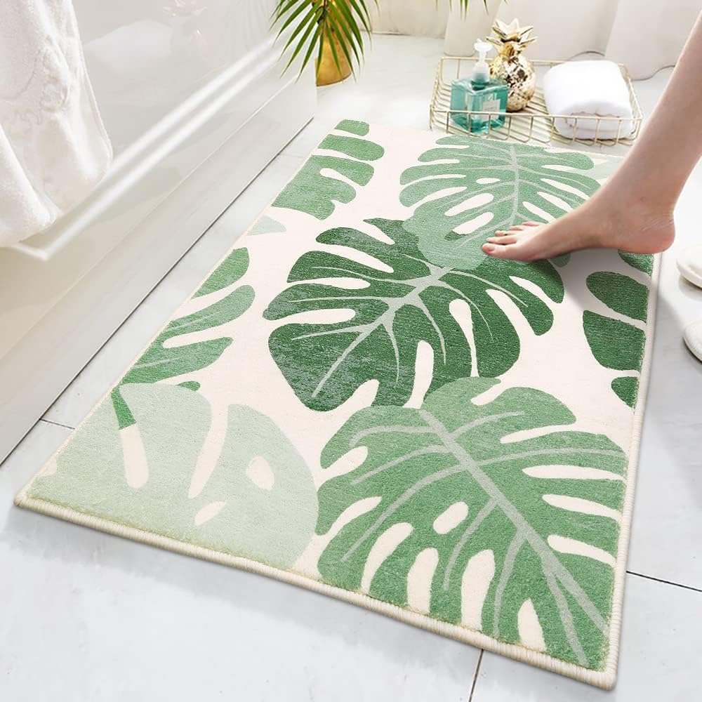 Aldernest Bath Mats for Bathroom, Green Leaf Non Slip Bathroom Rug, 18" x 26"