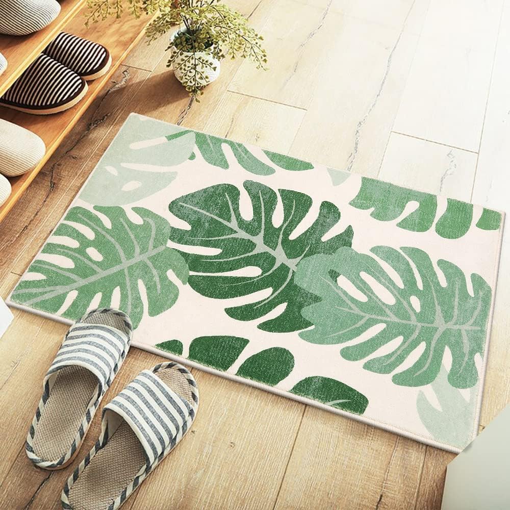 Aldernest Bath Mats for Bathroom, Green Leaf Non Slip Bathroom Rug, 18" x 26"