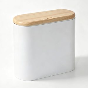 Aldernest Small Bathroom Trash Can with Lid, 2.6 Gal, Faux Wood Grain Top, 2.4 pounds, White