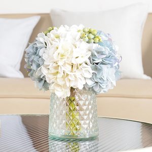 VelloHome Hydrangeas Floral Arrangement in Glass Vase; Fake Flowers Blue, 0.76 kg