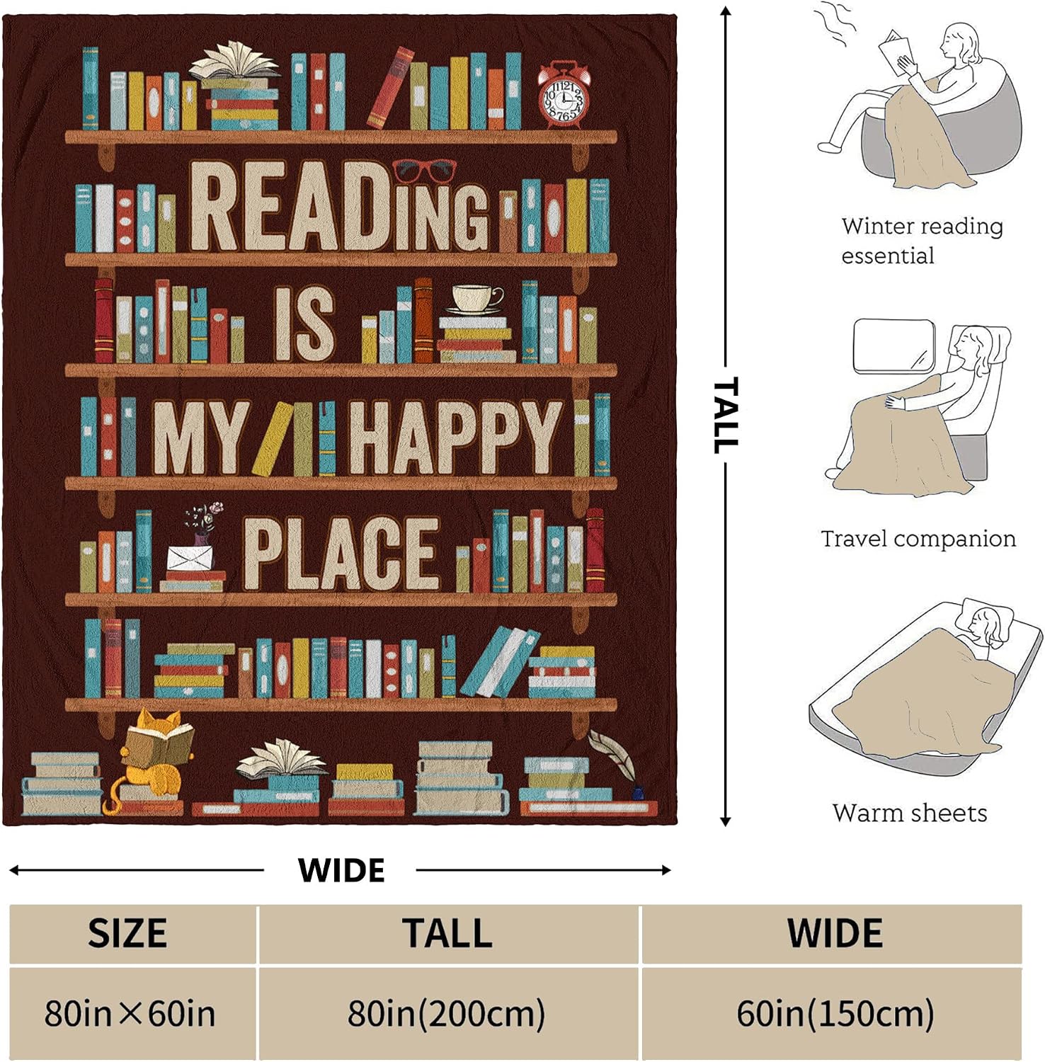 Aldernest Book Lovers Gifts for Women, Librarian Gifts Throw Blankets 80"x60", Book Lover-brown