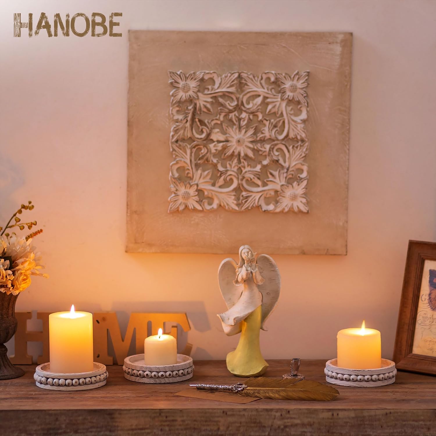 VelloHome Wooden Candle Holder for Pillar Candles Set of 3 Candlestick Holders, 0.22 kg