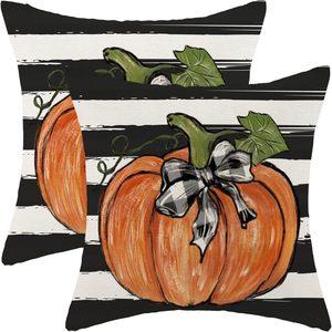 Aldernest Fall Pillow Covers 18x18 Set of 2 Pumpkin Maple Leaves and Stripes Fall Decor Pillowcase Linen Autumn Thanksgiving Decorative Outdoor Throw