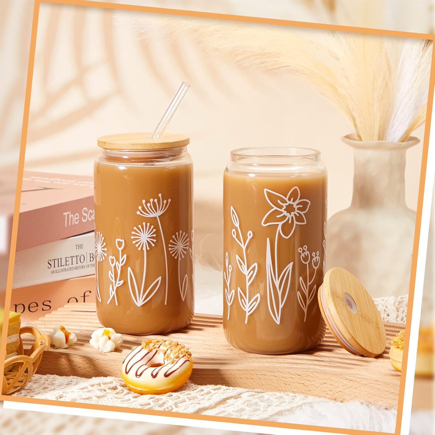 Ashenby 8 Pack Boho Floral Glass Cups with Lids and Straws 16 oz Coffee Cups, 4.5 pounds, about 5.88 x 3.08 inches, Clear