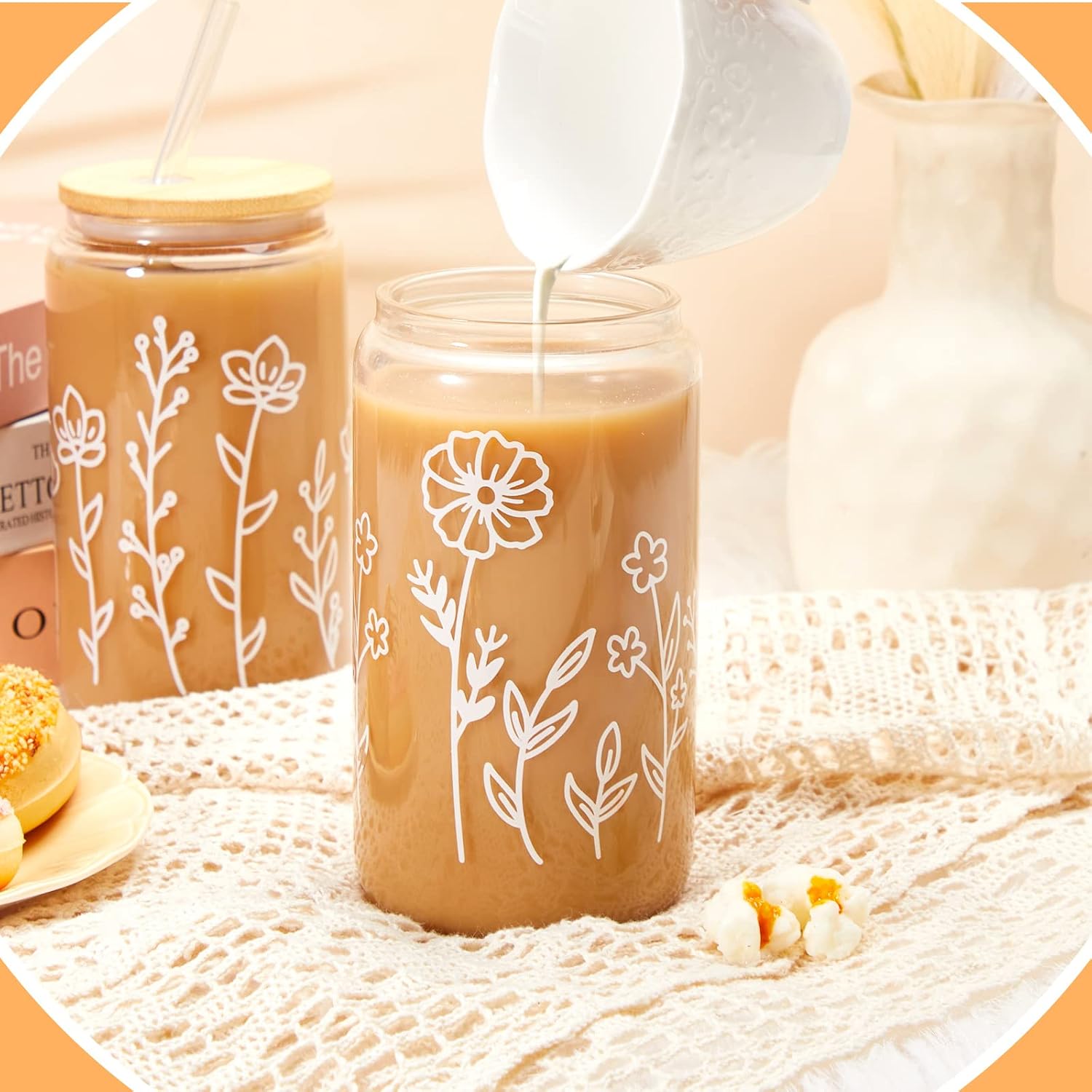 Ashenby 8 Pack Boho Floral Glass Cups with Lids and Straws 16 oz Coffee Cups, 4.5 pounds, about 5.88 x 3.08 inches, Clear
