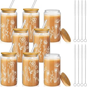 Ashenby 8 Pack Boho Floral Glass Cups with Lids and Straws 16 oz Coffee Cups, 4.5 pounds, about 5.88 x 3.08 inches, Clear