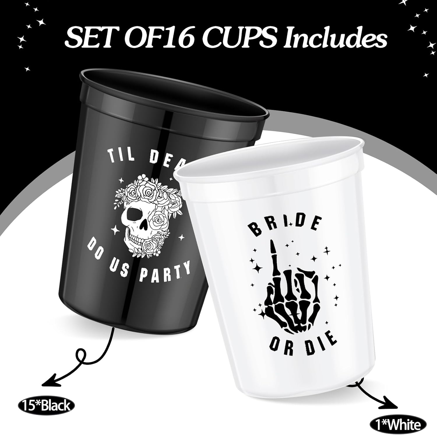 Aldernest 16 Pcs Bride or Die Bachelorette Party Decorations Black and White Reusable 16 oz Cups Plastic Till Death Do Us Party for the Bride