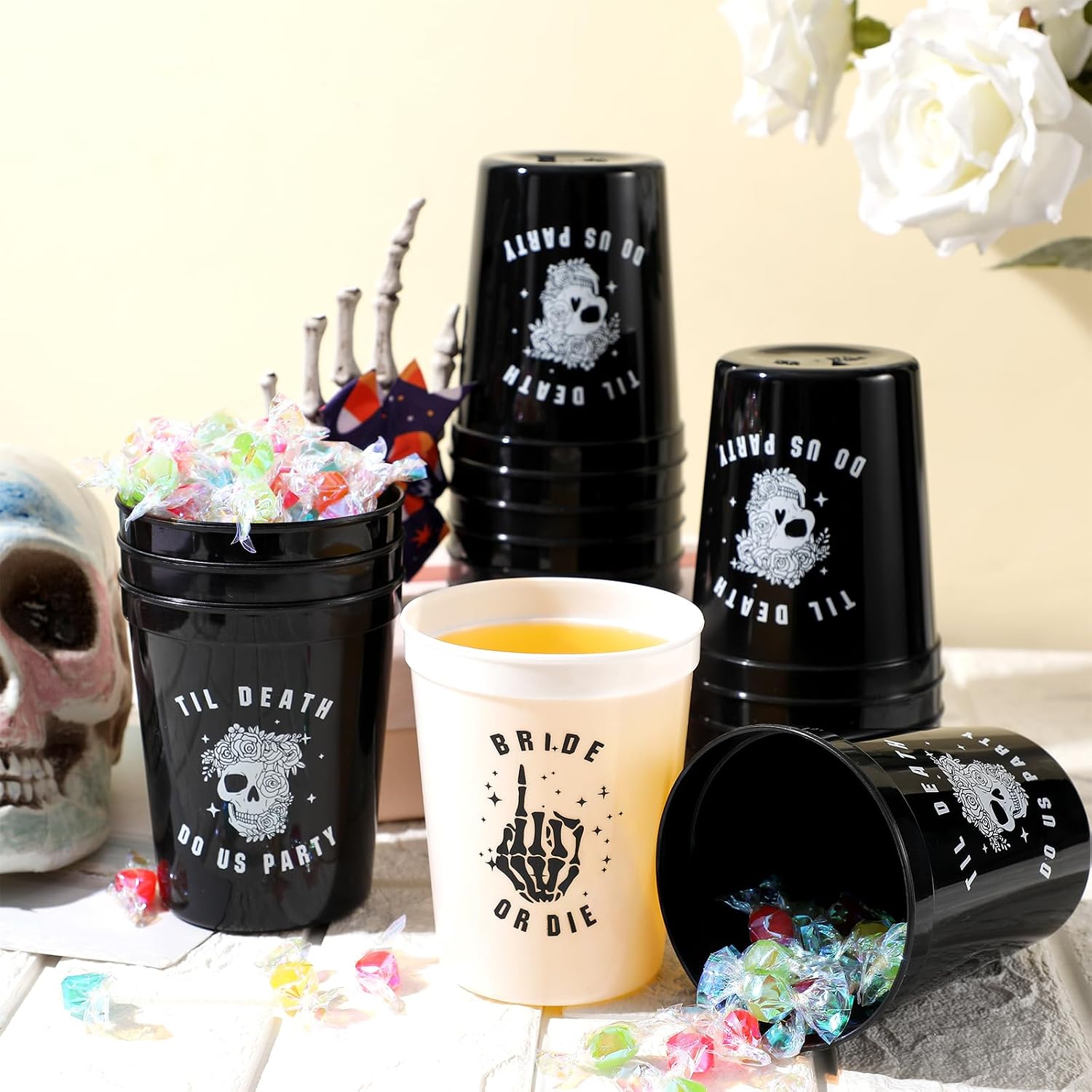 Aldernest 16 Pcs Bride or Die Bachelorette Party Decorations Black and White Reusable 16 oz Cups Plastic Till Death Do Us Party for the Bride