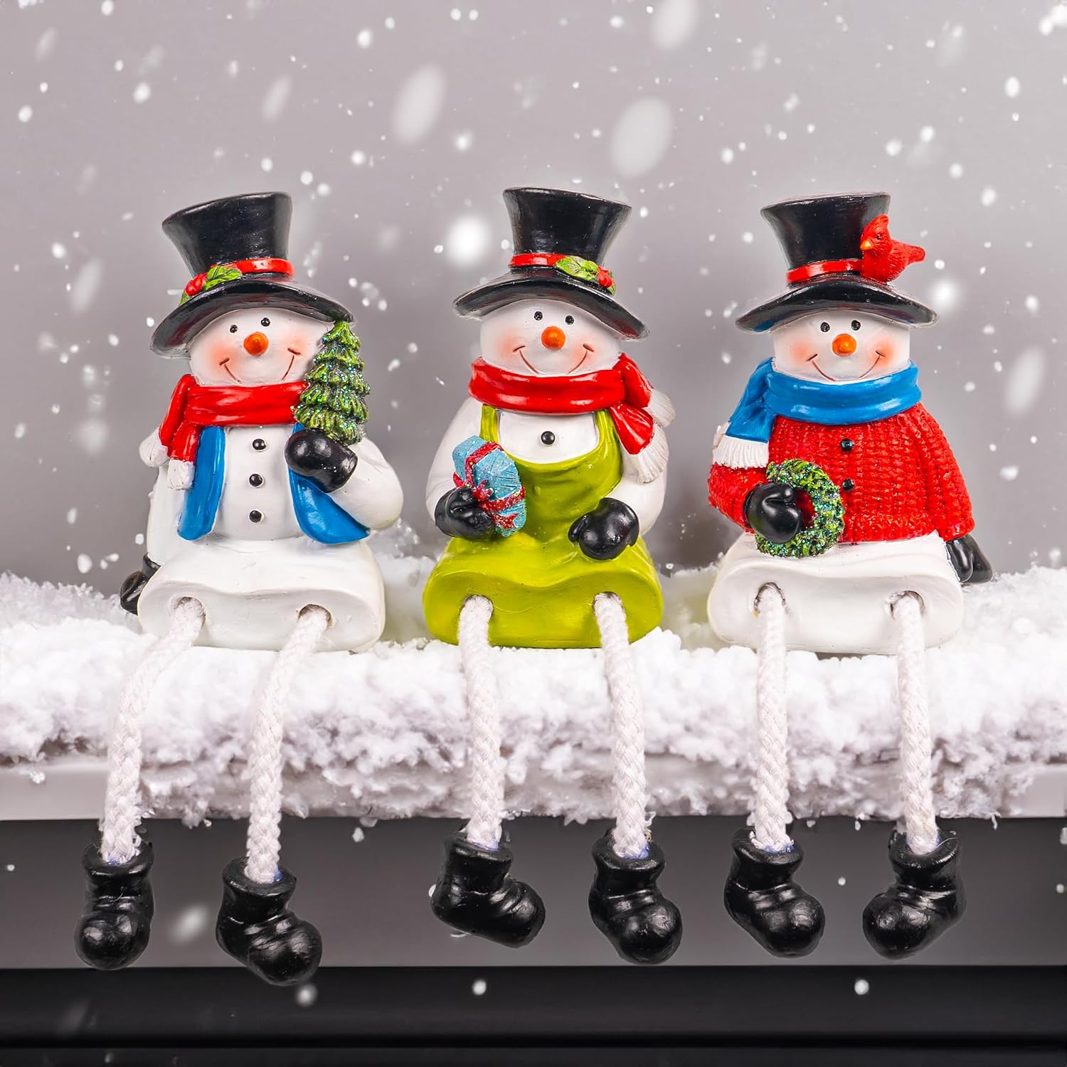 Oakmere Christmas Figurines, Set of 3 Resin Santa Snowman Sitters with Dangling Legs, 1.1 pounds