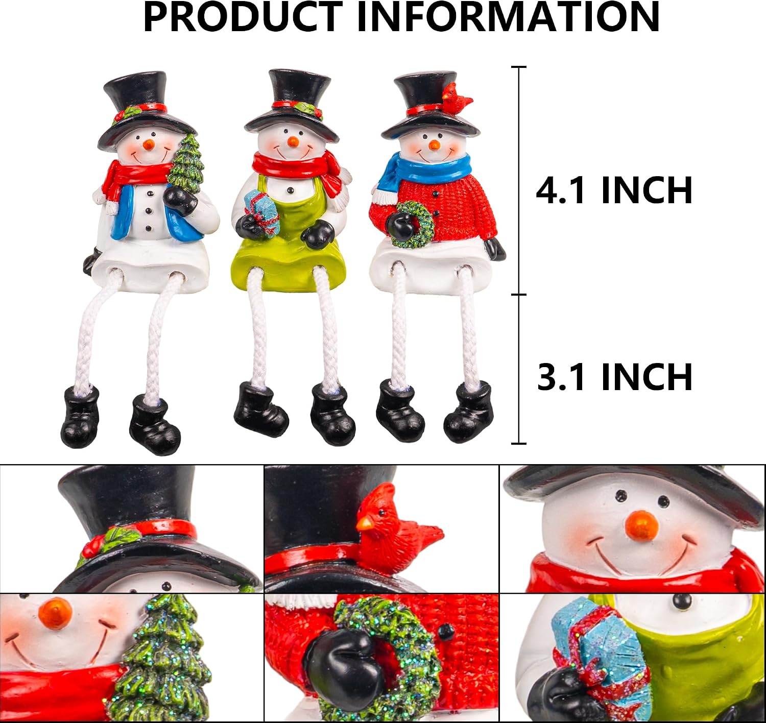 Oakmere Christmas Figurines, Set of 3 Resin Santa Snowman Sitters with Dangling Legs, 1.1 pounds