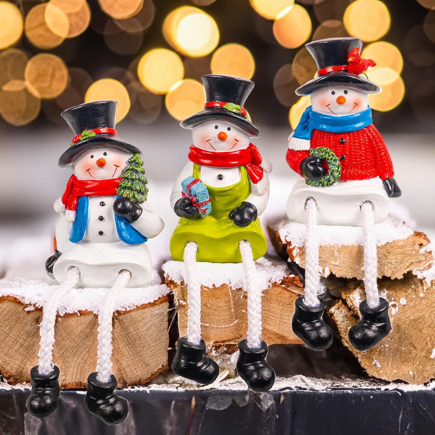 Oakmere Christmas Figurines, Set of 3 Resin Santa Snowman Sitters with Dangling Legs, 1.1 pounds