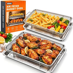 Ashenby Air Fryer Basket 2 Pack Oven Air Fryer Basket and Tray Set, 2.5 pounds, Large-2 Pack-15.4"x11.2", Silver
