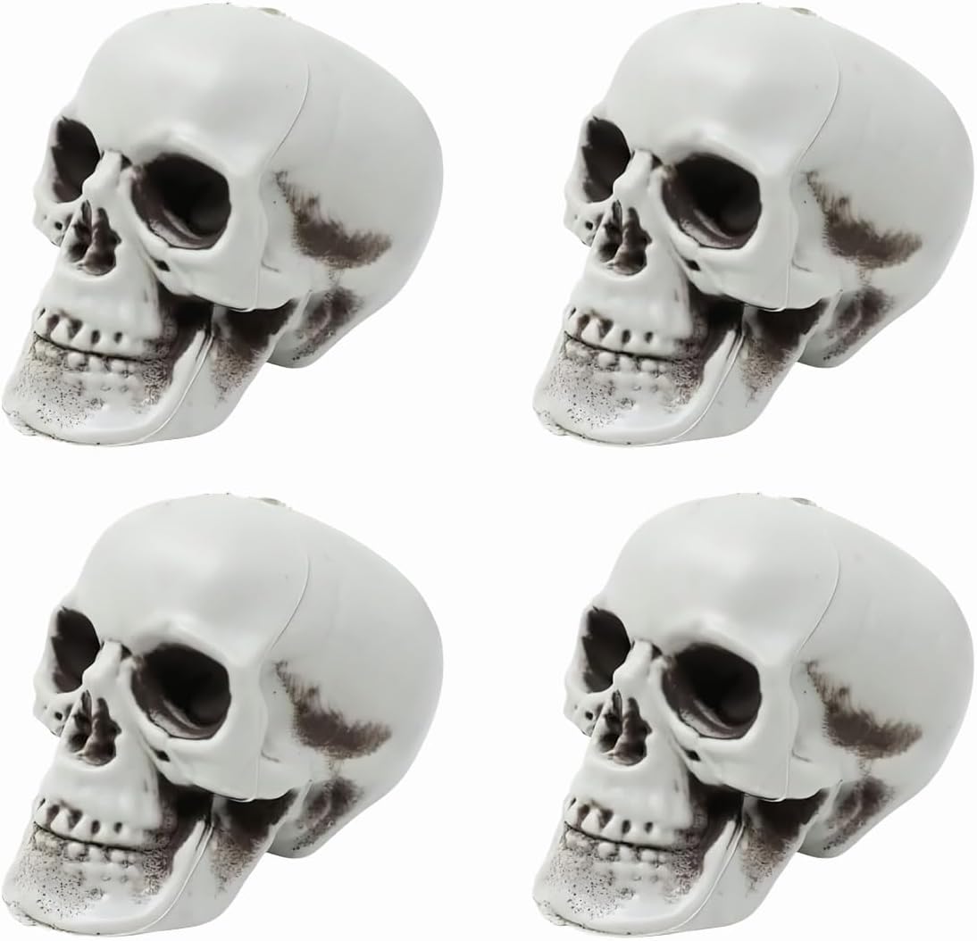 NestoraHome Small Fake Skeletons, 5 Inch Plastic Mini Skulls for Crafts, 0.18 kg, Gray, 4 Count