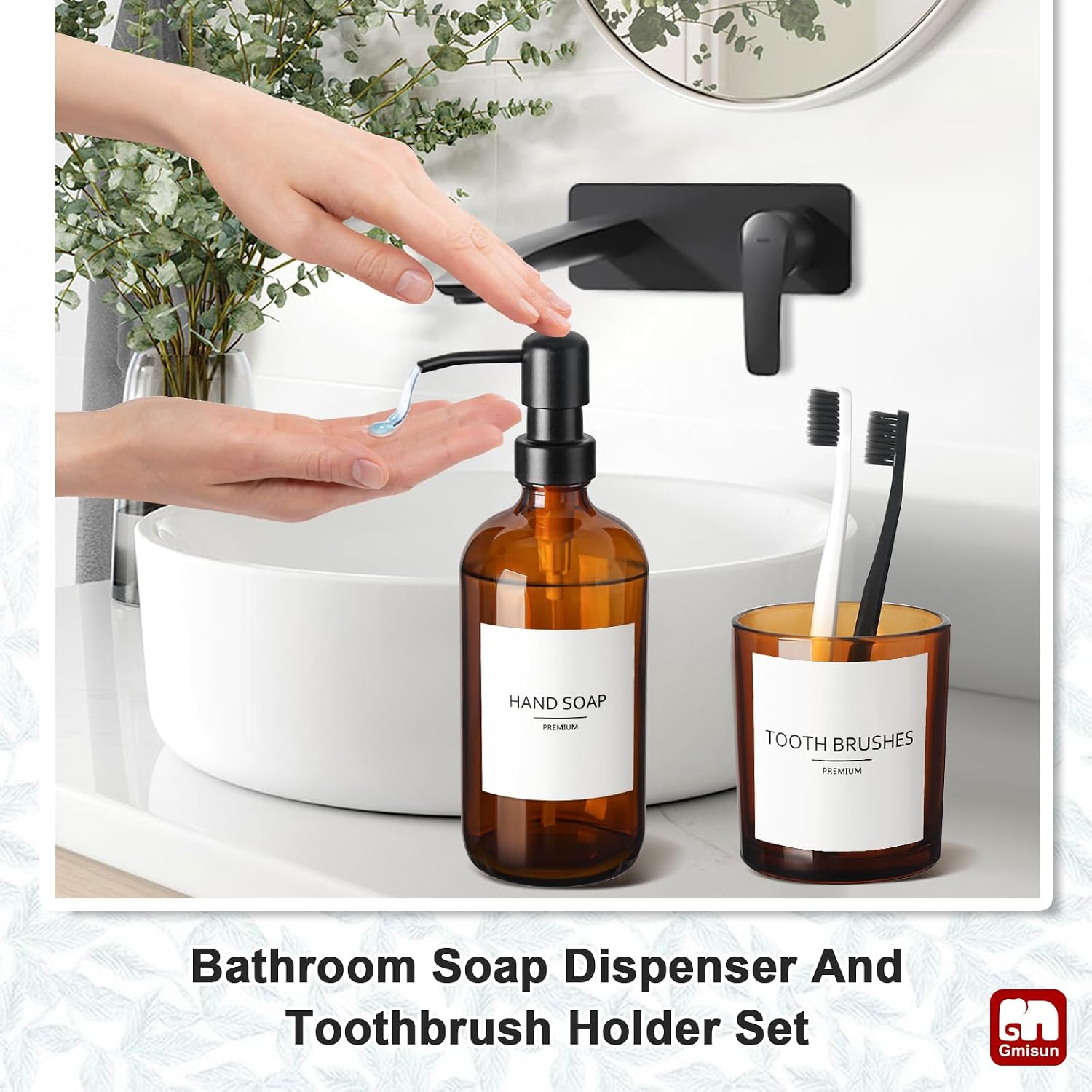 Aldernest Bathroom Accessories Set, 5 Pack Amber Glass Bath Accessory Sets Complete