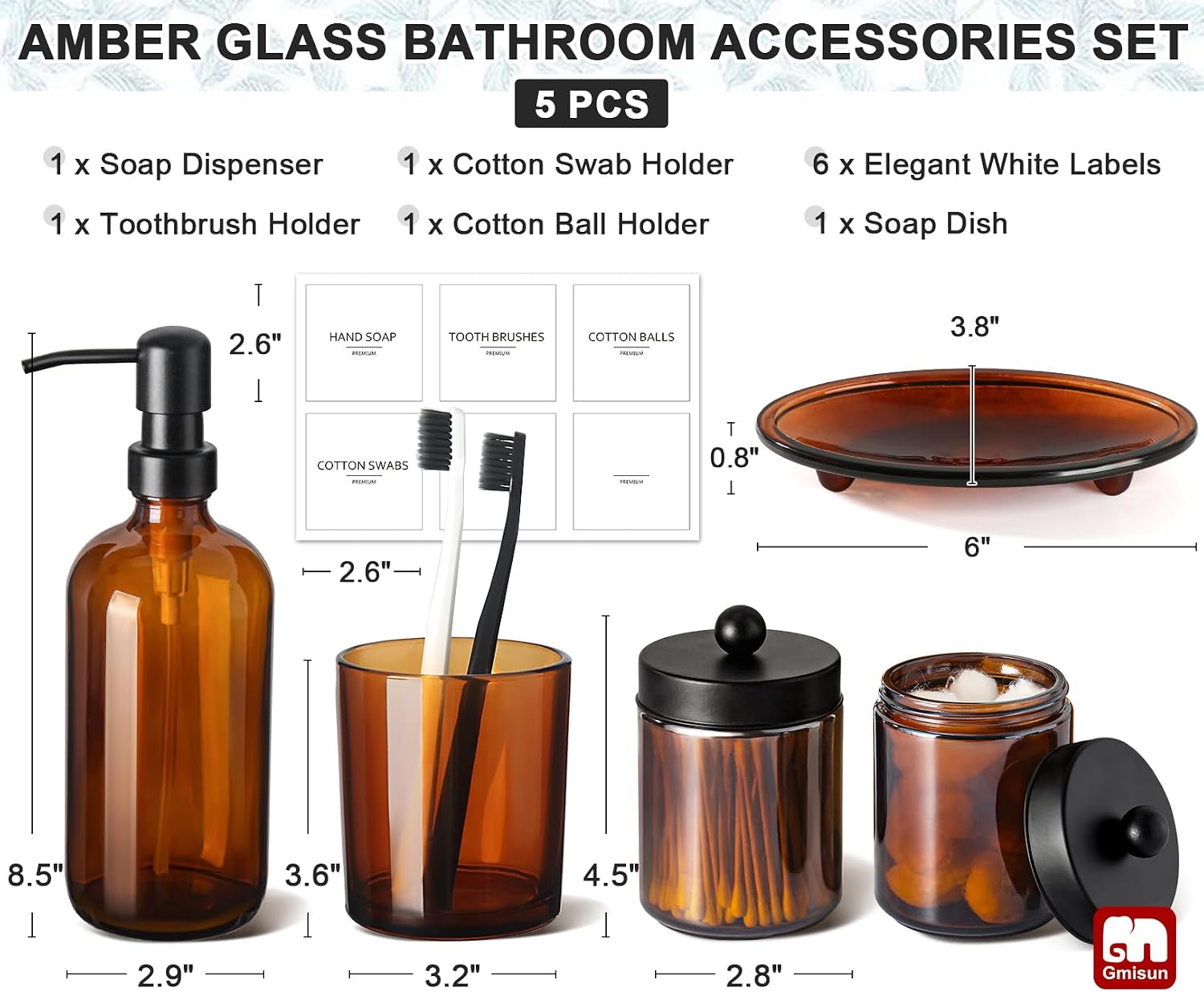 Aldernest Bathroom Accessories Set, 5 Pack Amber Glass Bath Accessory Sets Complete
