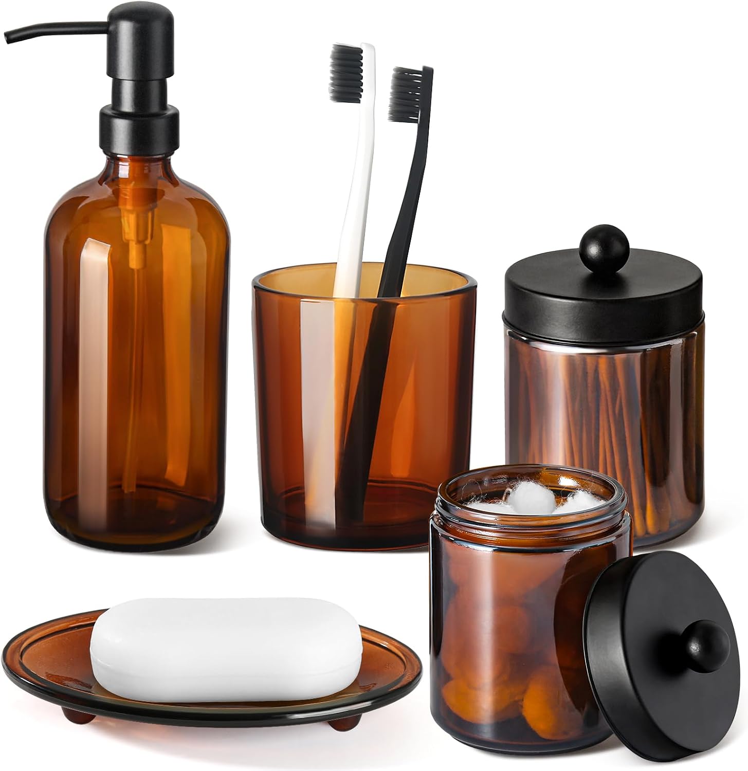 Aldernest Bathroom Accessories Set, 5 Pack Amber Glass Bath Accessory Sets Complete