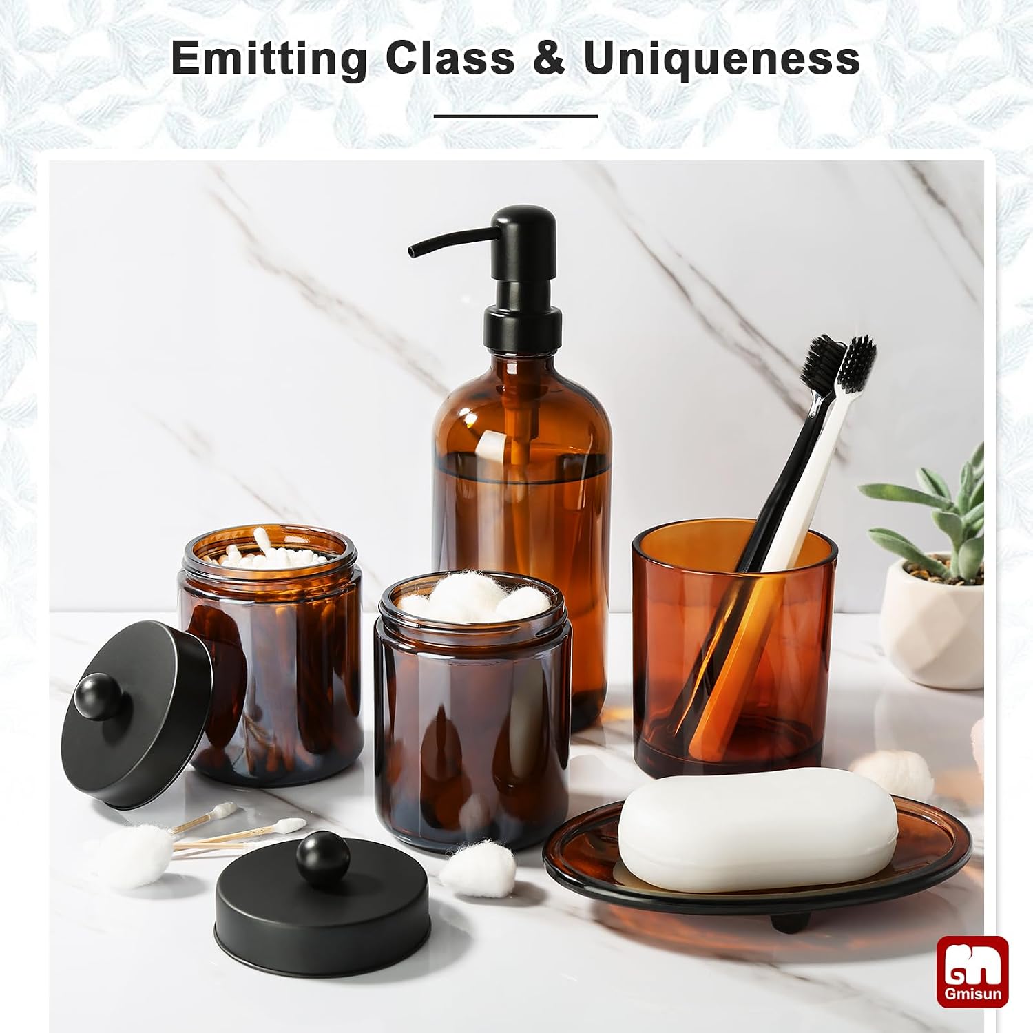 Aldernest Bathroom Accessories Set, 5 Pack Amber Glass Bath Accessory Sets Complete